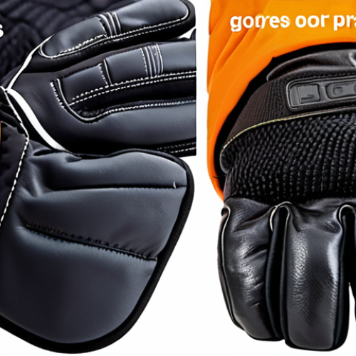 Home 23 **Image:** Close-up of various snowboarding gloves showcasing different materials (leather, synthetic) and waterproof membranes (Gore-Tex). Include Arabic text overlay highlighting the pros and cons of each material type and the importance of waterproofing for warm, dry hands on the slopes.