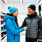 A professional adult female customer, fully clothed in modest, appropriate winter sportswear, discussing different types of ski equipment with a knowledgeable male ski shop expert. They are standing in a well-organized, brightly lit modern specialized ski shop, with various skis, boots, and helmets neatly displayed on racks in the background. The scene is focused on professional consultation and equipment selection. The image features perfect anatomy, correct proportions, and natural poses with well-formed hands and proper finger count. This is a high-quality, professional photograph, safe for work, appropriate content, and family-friendly, emphasizing expert advice.