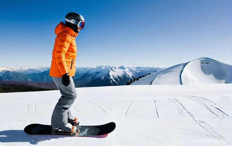 스노우보드 바인딩 세팅 가이드 - **Prompt 1: Focused Binding Adjustment on a Sunny Mountain Slope**
    "A male snowboarder, dressed ...