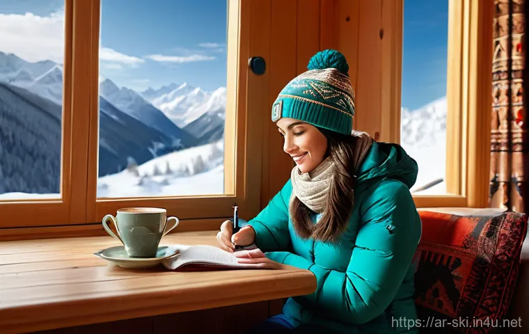 스키 초보자를 위한 책 추천 - The Studious Skier's Retreat**
"A young adult, perhaps a woman wearing a modest yet stylish winter o...
