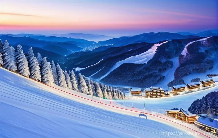 국내 유명 스키장 리뷰 - **Prompt 1: Majestic Pyeongchang Slopes**
    A wide, breathtaking aerial shot of a world-class ski ...