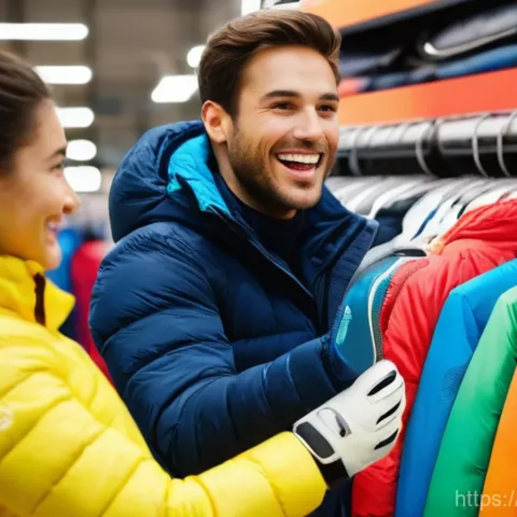 스키장 시즌 종료 세일 정보 - **Prompt:** A vibrant, bustling scene inside a modern, well-lit sporting goods store during an "End-...