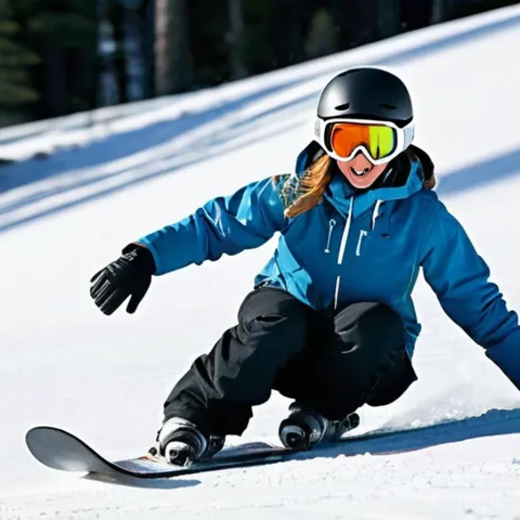 스노우보드 스킬 연습 장소 - **Prompt: First Snowboard Lesson on a Gentle Slope**
    A beginner snowboarder, a young woman in he...