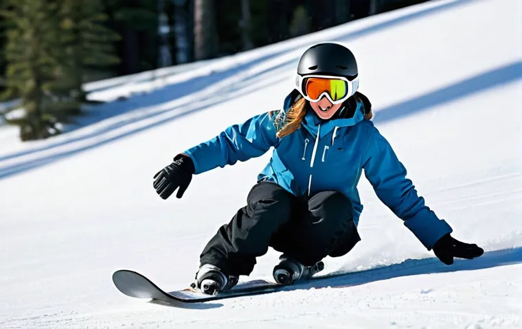 스노우보드 스킬 연습 장소 - **Prompt: First Snowboard Lesson on a Gentle Slope**
    A beginner snowboarder, a young woman in he...