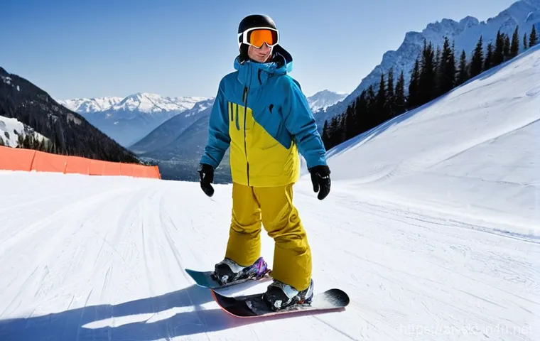 스노우보드 초보자가 피할 실수 - **Prompt:** A young adult, male or female, visibly struggling to maneuver an oversized and stiff sno...