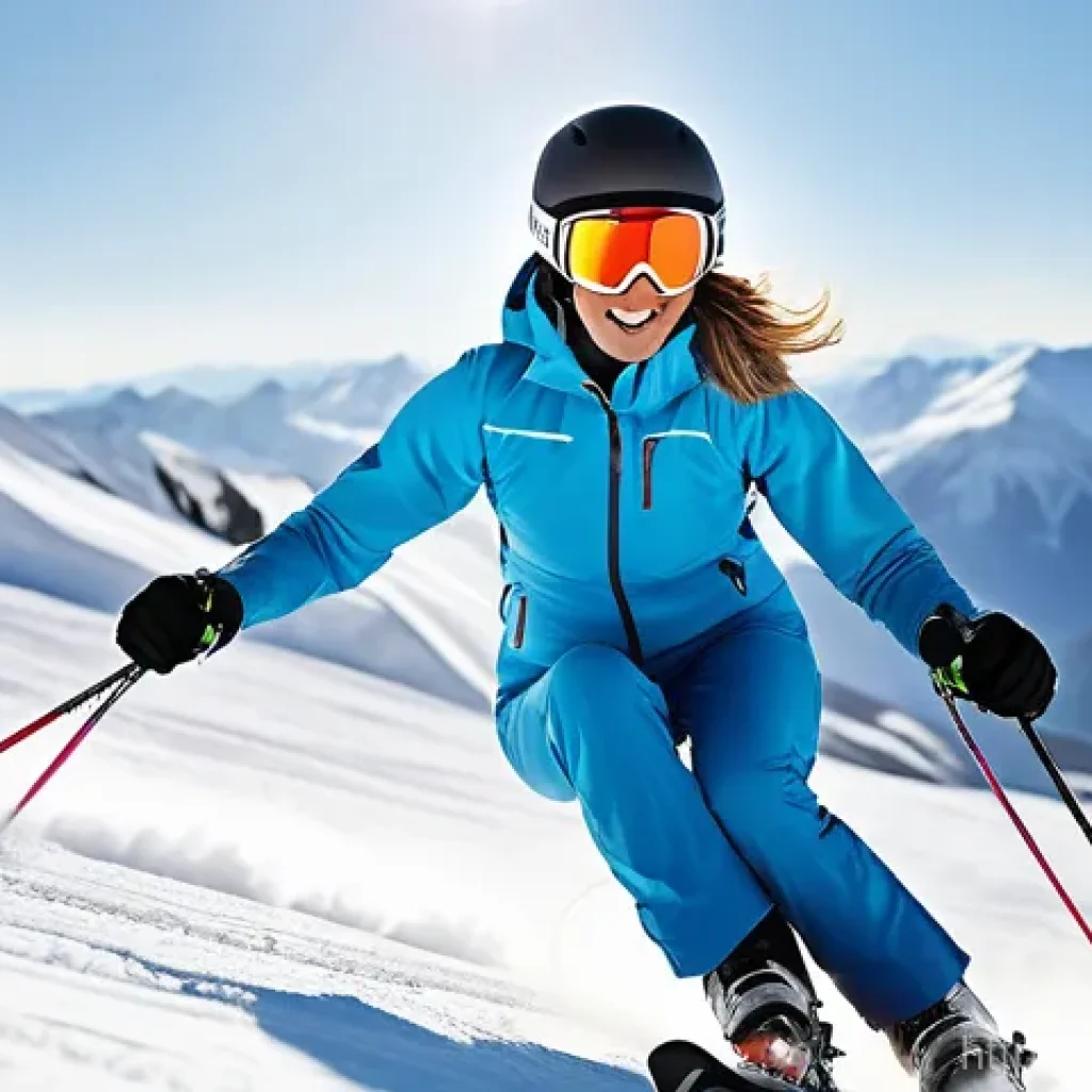 스키 속도 조절 방법 - **Prompt:** A dynamic shot of a focused female skier, mid-descent on a pristine, sun-drenched mounta...