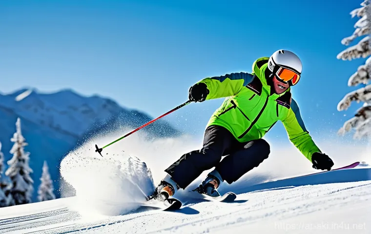 스키 속도 조절 방법 - **Prompt:** A dynamic shot of a focused female skier, mid-descent on a pristine, sun-drenched mounta...