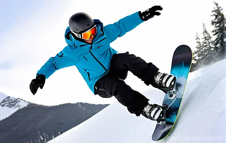 스노우보드 프리스타일 트릭 종류 - **"A vibrant, dynamic shot of a male freestyle snowboarder in mid-air, performing a stylish 360-degr...