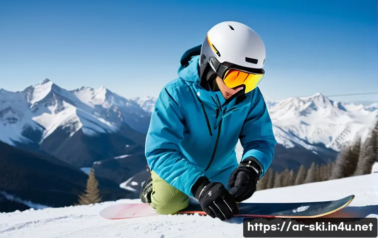 스노우보드 안전수칙 - **Prompt 1: The Diligent Gear Check**
    "A young adult snowboarder, gender-neutral, wearing a vibr...