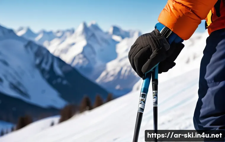 스키 지팡이 사용법 - A detailed close-up of a skier’s hands gripping ski poles correctly, showing fingers wrapped firmly ...