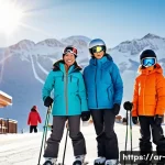 스키장 리프트권 할인 정보 - A vibrant winter ski resort scene during early morning light, featuring a diverse family of four dre...