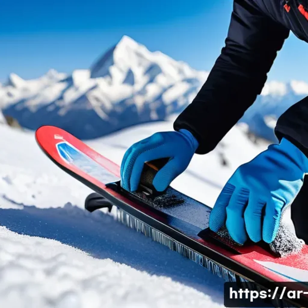 스노우보드 날 관리법 - A detailed close-up of a professional skier cleaning the edges of a snowboard after a session, weari...