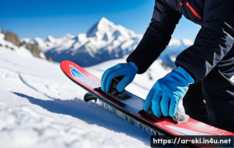 스노우보드 날 관리법 - A detailed close-up of a professional skier cleaning the edges of a snowboard after a session, weari...
