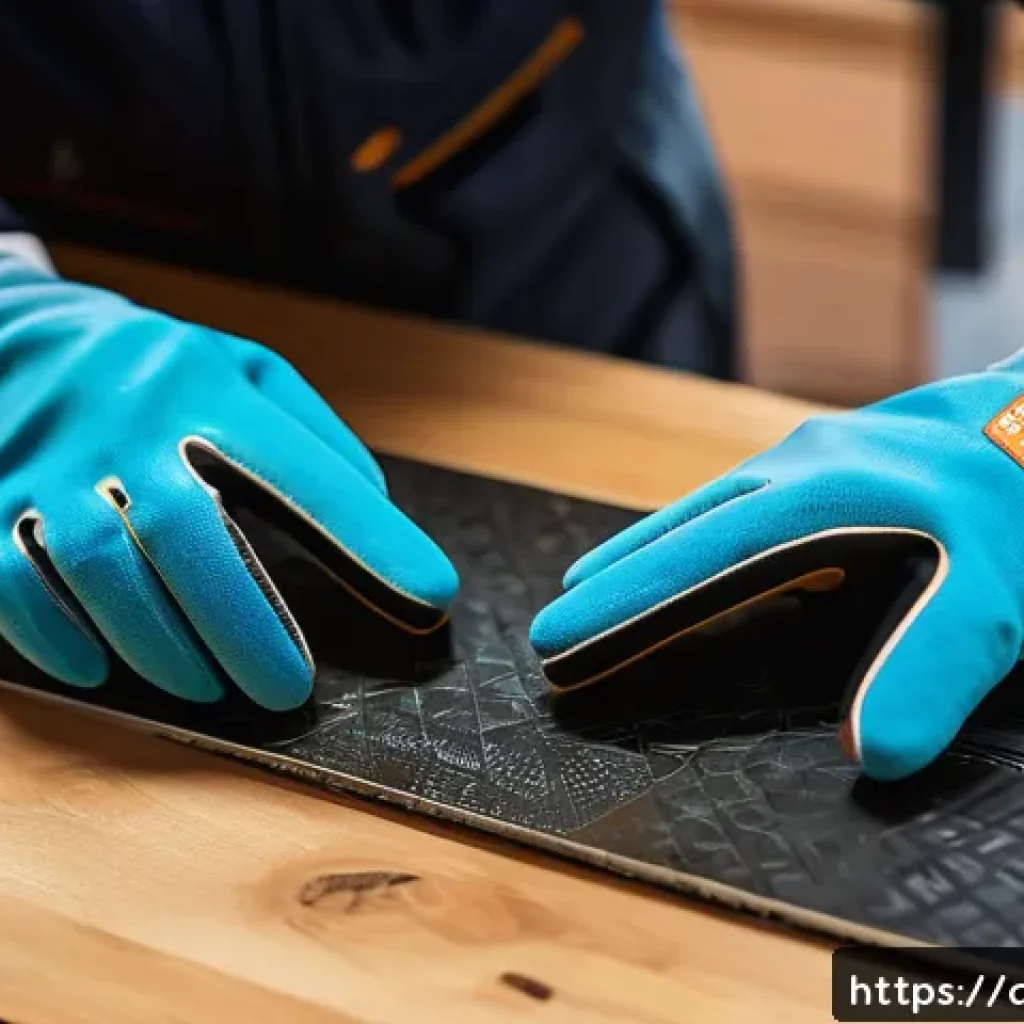 스노우보드 웍스 유지보수 - A detailed close-up of a snowboard maintenance scene tailored for Arabic-speaking users, featuring h...