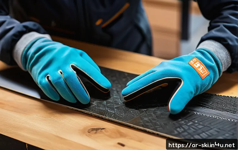 스노우보드 웍스 유지보수 - A detailed close-up of a snowboard maintenance scene tailored for Arabic-speaking users, featuring h...