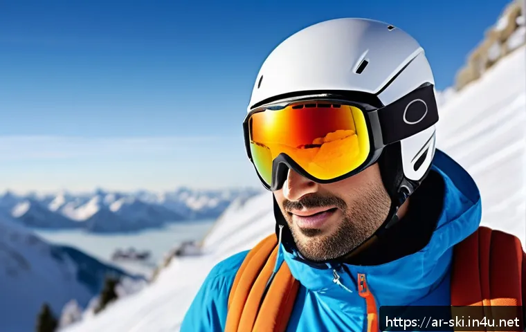 스노우보드용 고글 추천 - A detailed winter mountain skiing scene featuring an adult Arabic male skier wearing high-quality, m...