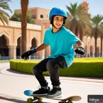 Home 21 스노우보드 레일 초보법 - A beginner male skateboarder of Middle Eastern descent wearing protective gear including a helmet, k...