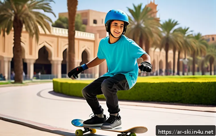 스노우보드 레일 초보법 - A beginner male skateboarder of Middle Eastern descent wearing protective gear including a helmet, k...