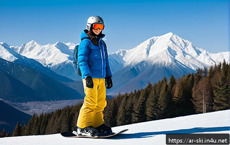 스키 초보자 실수 예방 - A young Arab beginner snowboarder standing confidently on a snowy slope, wearing appropriate winter ...
