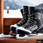 Home 19 스키 부츠 착용 감각 - A detailed scene showcasing a variety of ice skating boots arranged side by side on a snowy mountain...