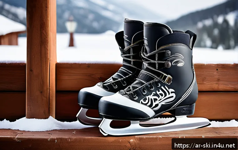 스키 부츠 착용 감각 - A detailed scene showcasing a variety of ice skating boots arranged side by side on a snowy mountain...
