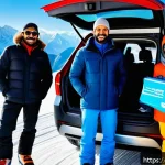 Home 23 스키장 교통편 - A modern winter ski resort scene in the Arabian Alps with a family of four dressed warmly in stylish...