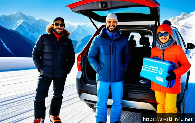 스키장 교통편 - A modern winter ski resort scene in the Arabian Alps with a family of four dressed warmly in stylish...
