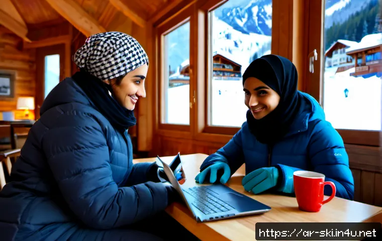 Home 30 스키장 숙소 예약 방법 - Photorealistic winter travel planning scene for an Arabic-speaking family: a modestly dressed Arab c...