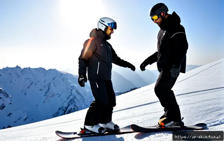 스노우보드 초보 탈출 방법 - Photorealistic beginner snowboard lesson on a wide gentle snowy slope, modestly dressed Arab adult w...