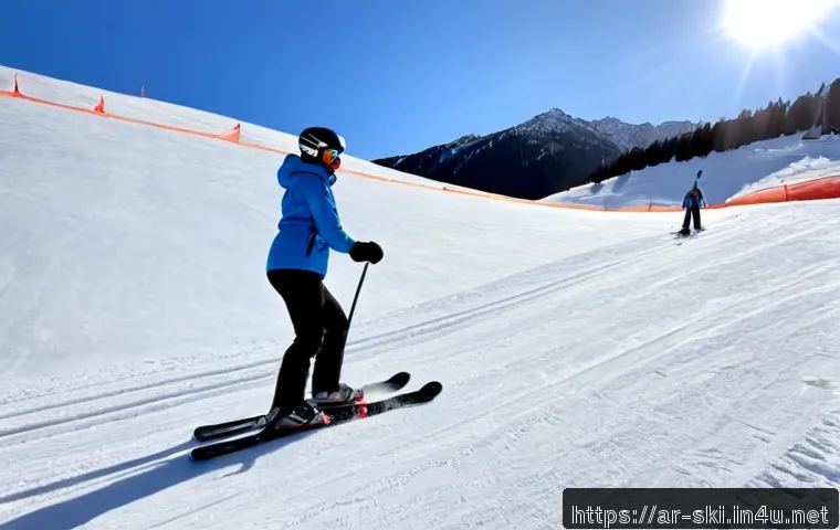 스키 초보자 코스 복장 - Photorealistic Arab woman beginner skier on a gentle groomed ski slope, wearing modest insulated ski...
