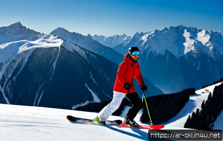 스키와 보드의 차이 - Photorealistic side-by-side winter sports comparison on a sunny mountain slope: an Arab skier in mod...