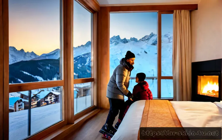 스키장 숙박 패키지 - Photorealistic winter ski resort lodging package scene, elegant alpine hotel suite with a panoramic ...